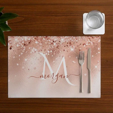 Glitter Peach Rose Gold Monogram Customized Printed Cloth Placemat Table Mat