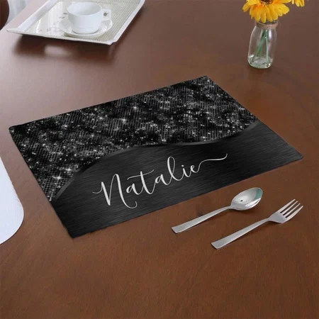 Metallic Black Glitter Customized Printed Cloth Placemat Table Mat