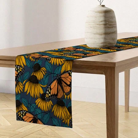 Monarch Butterfly On Yellow Cone Flowers Customized Printed Cloth Table Runner