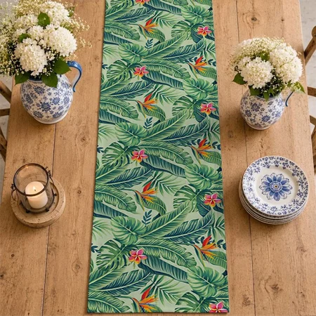 Tropical Banana Monstera Palm Leaves & Flowers Customized Printed Cloth Table Runner
