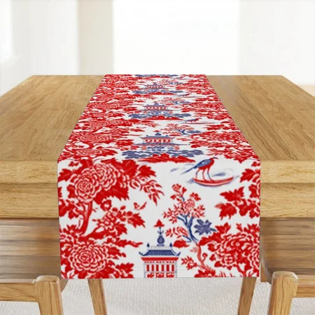 Vintage Chinoiserie Delft French Red Blue Customized Printed Cloth Table Runner