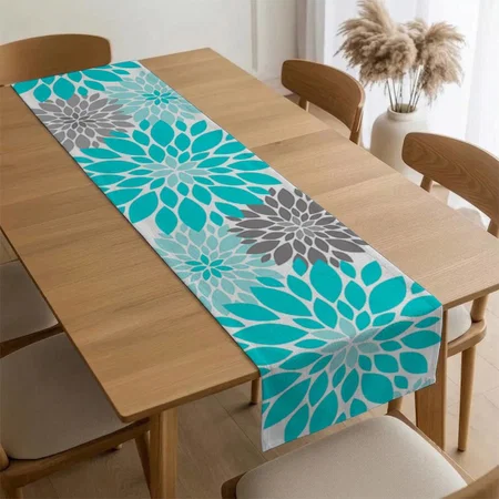 Turquoise And Gray Chrysanthemums Floral Pattern Customized Printed Cloth Table Runner