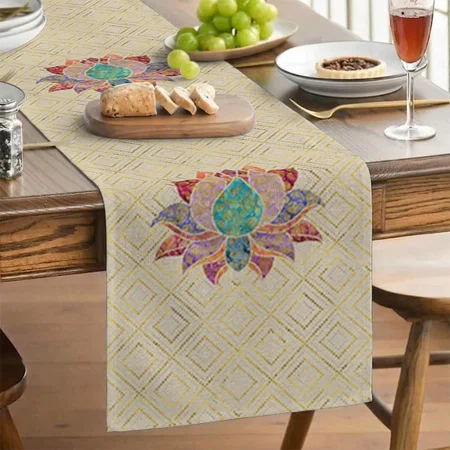 Watercolor & Gold Paisley Decorated Lotus Customized Printed Cloth Table Runner