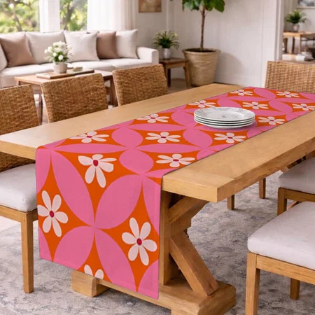 White Flowers On Mid Century Pink Circles Pattern Customized Printed Cloth Table Runner