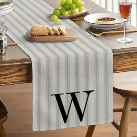 Blue Ticking Stripes Monogram Customized Printed Cloth Table Runner