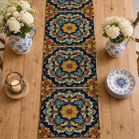Vintage Art Nouveau Deco Majolica Floral Customized Printed Cloth Table Runner