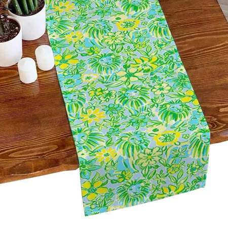 Preppy Yellow And Green Lion With Flowers Coastal Customized Printed Cloth Table Runner