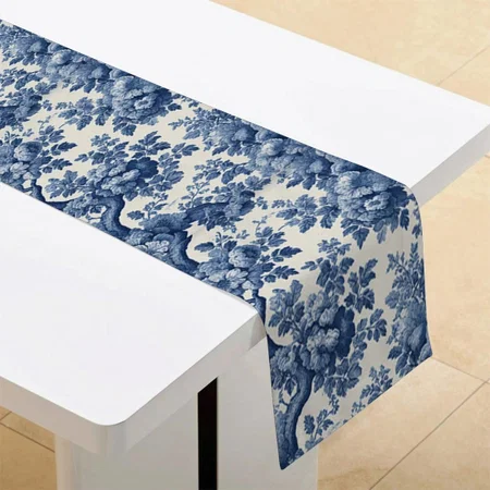 Romantic Powder French Blue Toile Vintage Floral Customized Printed Cloth Table Runner