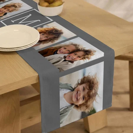 Charcoal White 8 Photo Collage Custom Monogram Customized Printed Cloth Table Runner