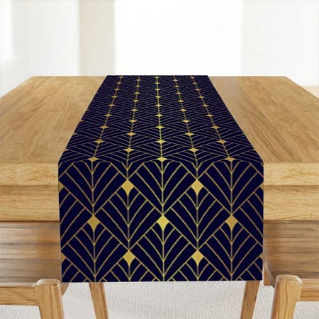 Gold Navy Blue Art Deco Diamond Pattern Customized Printed Cloth Table Runner