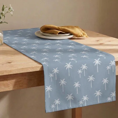 Palm Trees Boho Coastal Farmhouse Dusty Blue Customized Printed Cloth Table Runner