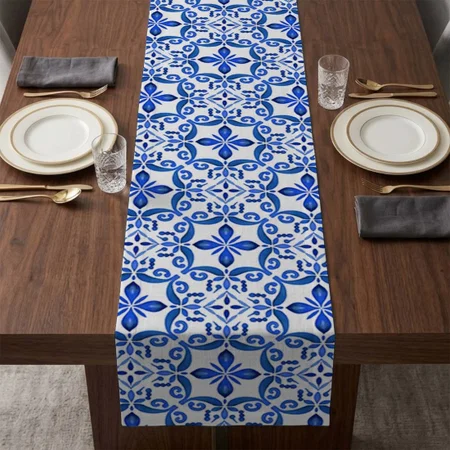 Blue And White Talavera Azulejo Tiles Customized Printed Cloth Table Runner