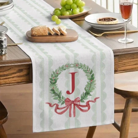 Christmas Wreath Monogram With Name Customized Printed Cloth Table Runner