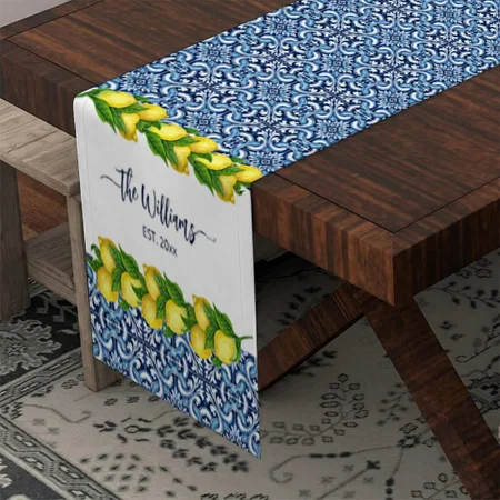 Blue Ornate Amalfi Italian Tiles And Lemons Customized Printed Cloth Table Runner