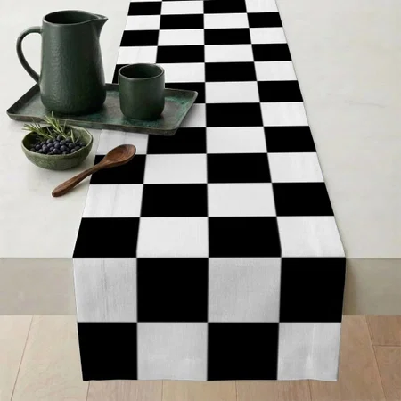 Check Black White Checkered Pattern Customized Printed Cloth Table Runner