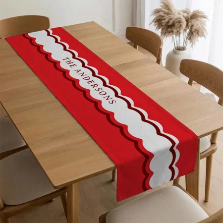 Red And White Scalloped Stripe With Custom Name Customized Printed Cloth Table Runner