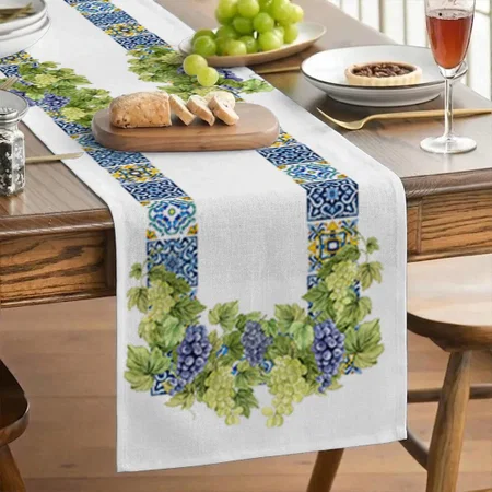 Bright Mediterranean Sicilian Tiles Wine Grapes Customized Printed Cloth Table Runner