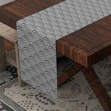 Black And White Japanese Wave Pattern Customized Printed Cloth Table Runner