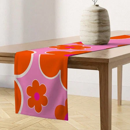 Retro Flowers Pink Orange Customized Printed Cloth Table Runner