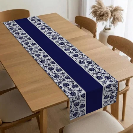 Elegant Blue And White Vintage Damasks Customized Printed Cloth Table Runner