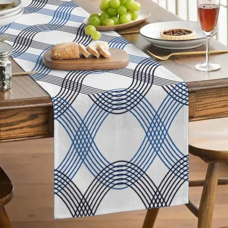 Cobalt Blue Interlocking Lines Customized Printed Cloth Table Runner