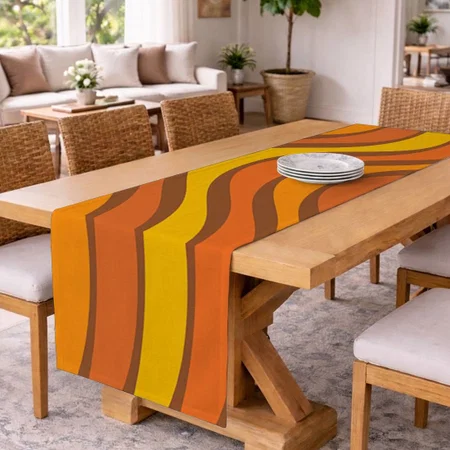 Abstract Wavy Lines Orange Brown Customized Printed Cloth Table Runner