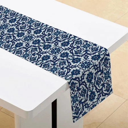 Blue Portuguese Floral Tile Pattern Customized Printed Cloth Table Runner
