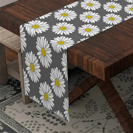 Gray Yellow White Daisy Pattern Customized Printed Cloth Table Runner