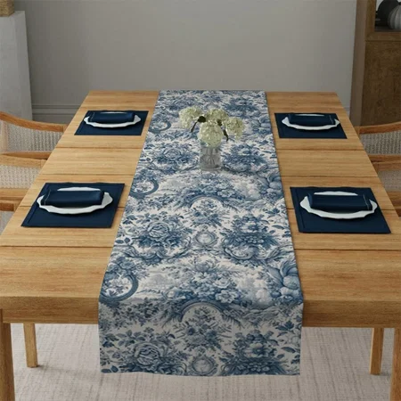 Vintage Floral Blue Toile Pattern Customized Printed Cloth Table Runner