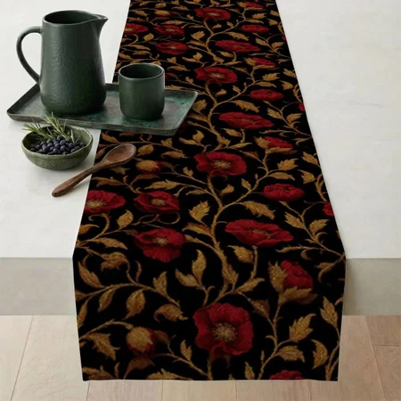 Red Gold Poppy Floral Customized Printed Cloth Table Runner