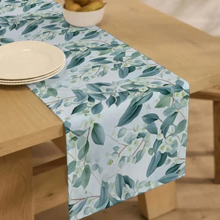 Soft Sage Green Eucalyptus Watercolor Style Customized Printed Cloth Table Runner