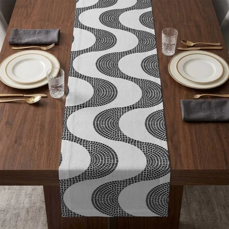 Cobblestone Black And White Waves Customized Printed Cloth Table Runner