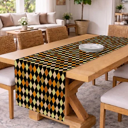 Festive Retro Orange Black Diamond Pattern Customized Printed Cloth Table Runner