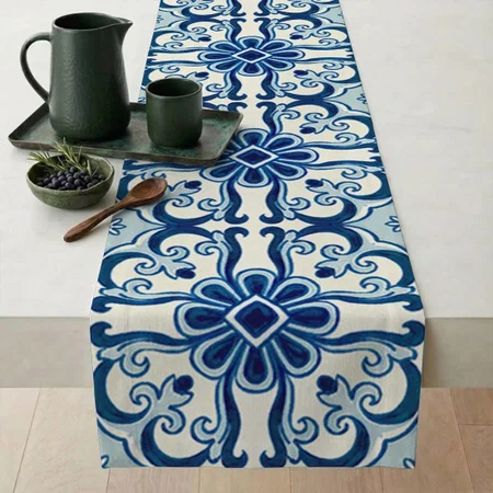 Blue Floral Tile Pattern Customized Printed Cloth Table Runner