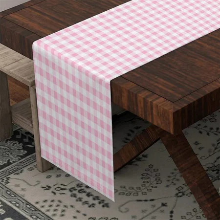 Elegant Pink And White Gingham Pattern Customized Printed Cloth Table Runner