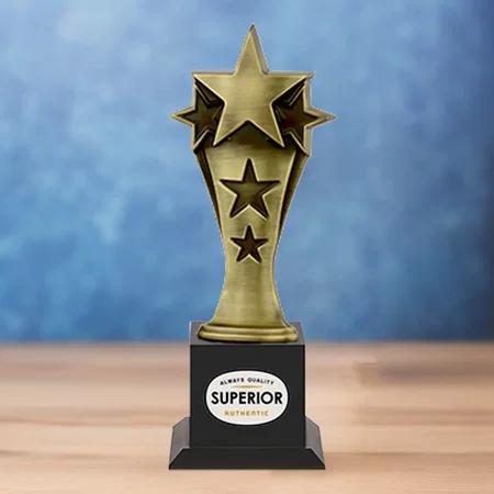 Golden Tri-Star Customized Trophy Award - 28.5 CM