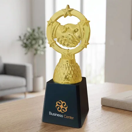 Premium Golden Handshake Achievement Customized Trophy Award - 8.75 Inch