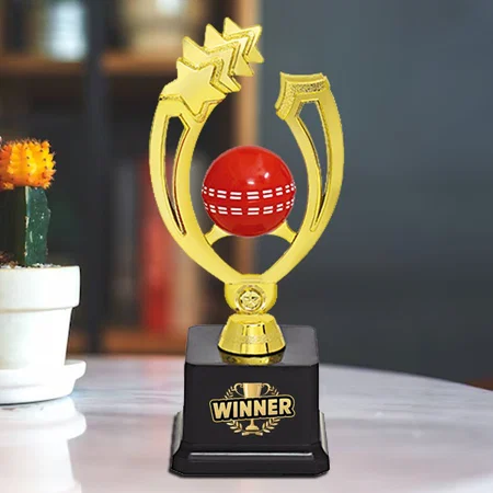 Red Cricket Ball Golden Customized Trophy Award - 23 CM