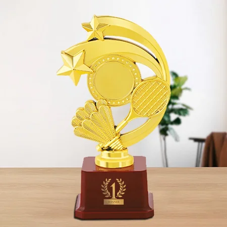 Badminton Racket Golden Customized Trophy Award - 20.5 CM