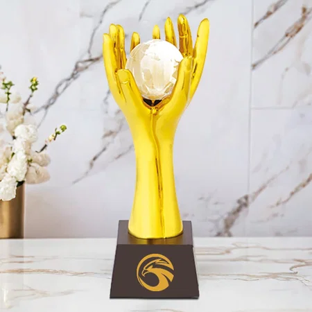 Golden Globe in Hands Customized Trophy Award - 26.5 CM
