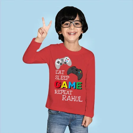 Eat Sleep Game Repeat Customized Full Sleeve Kid’s Cotton T-Shirt