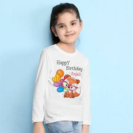 Cute Fox Happy Birthday Customized Full Sleeve Kid’s Cotton T-Shirt