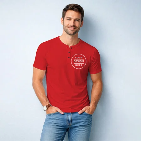 Red Henley Neck Customized Printed Men's Half Sleeves Cotton T-Shirt