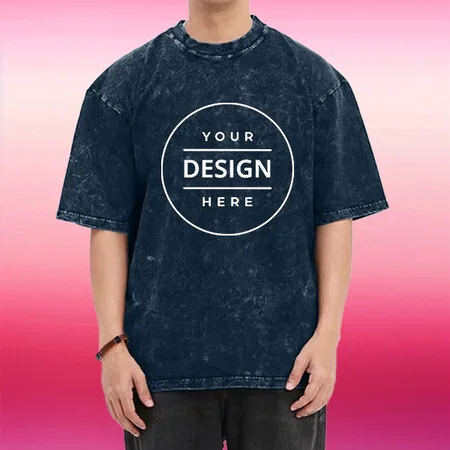 Navy Blue Acid Wash Pattern Oversized Hip Hop Customized Half Sleeve Men's Cotton T-Shirt
