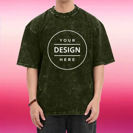 Olive Green Acid Wash Pattern Oversized Hip Hop Customized Half Sleeve Men's Cotton T-Shirt