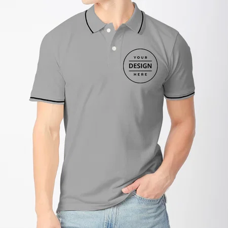 Grey with Black Tipping Customized Half Sleeve Men's Cotton Polo Shirt