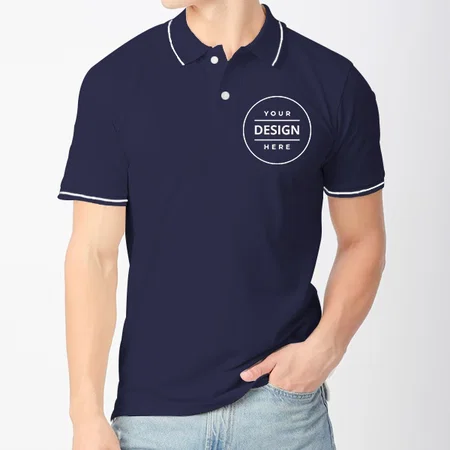 Navy Blue with White Tipping Customized Half Sleeve Men's Cotton Polo Shirt