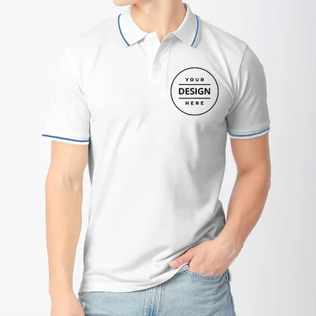 White with Blue Tipping Customized Half Sleeve Men's Cotton Polo Shirt