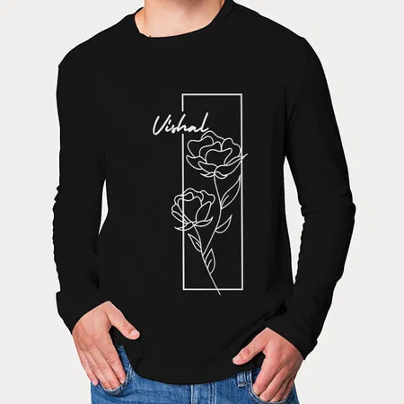White Flower Customized Printed Men's Full Sleeves Cotton T-Shirt