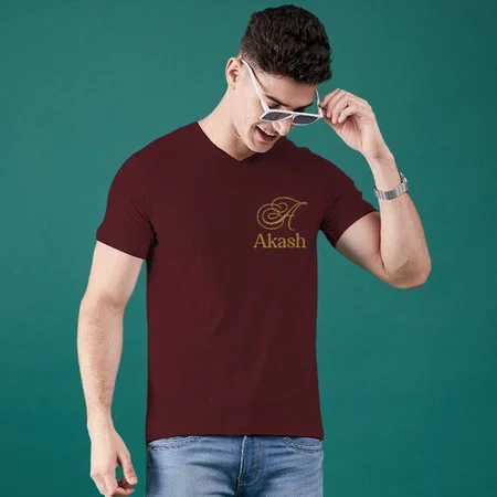 Royal Name Font V Neck Customized Printed Men's Half Sleeves Cotton T-Shirt